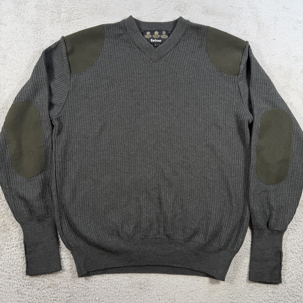 Barbour Sweater Mens Large Grey Wool Loden V-Neck Sporting Elbow Patch Commando